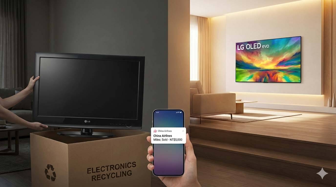 明亮的客廳中，舊 LG 電視正在被回收搬運，桌上放著現金與華航哩程卡，背景是全新的 OLED 電視，象徵舊換新的升級過程 / Bright living room, old LG TV being recycled and moved, cash and China Airlines mileage card on table, background is brand new OLED TV, symbolizing trade-in upgrade process.